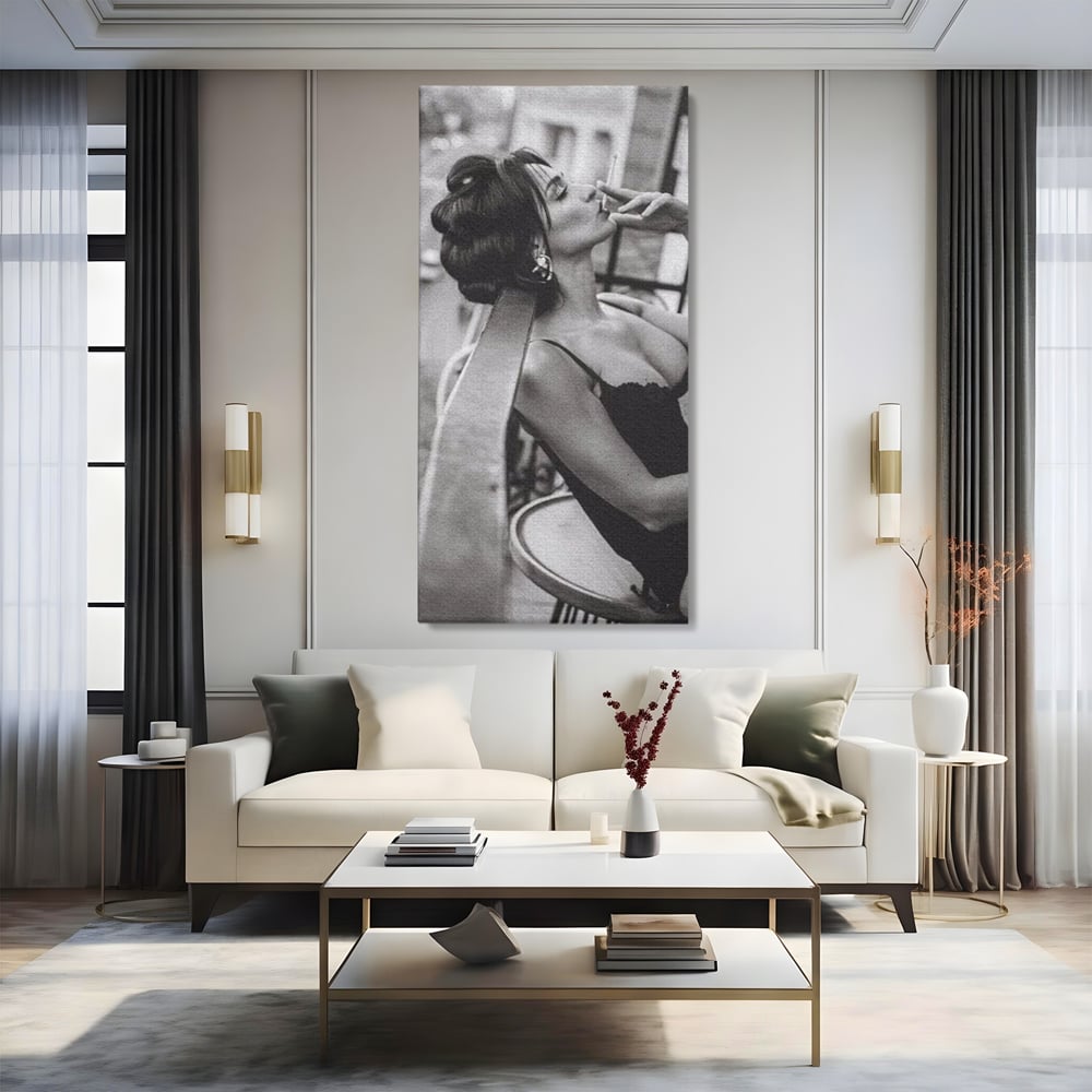 Tablou canvas cu tablou canvas cu femeie fumand pe balcon, fara rama, pe sasiu de lemn, pe perete intr-un living